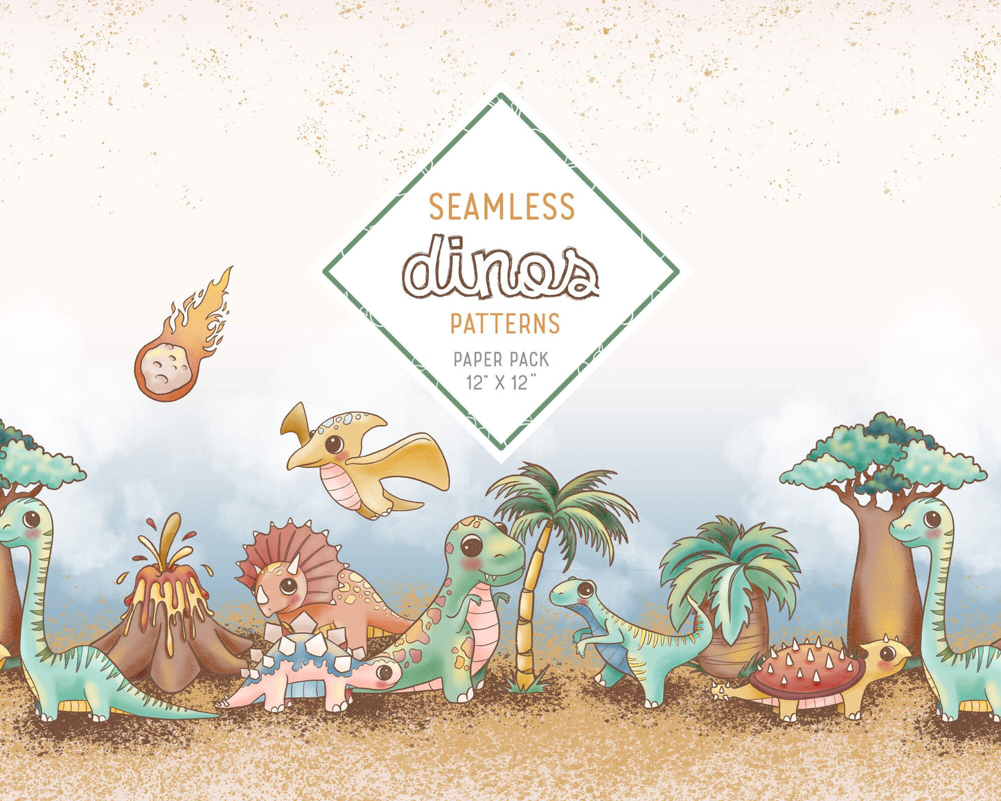 Dinosaurs Seamless Pattern – Tileable Dino Design for Fabric, Wallpaper, Wrapping Paper & Surface Prints – Instant Download