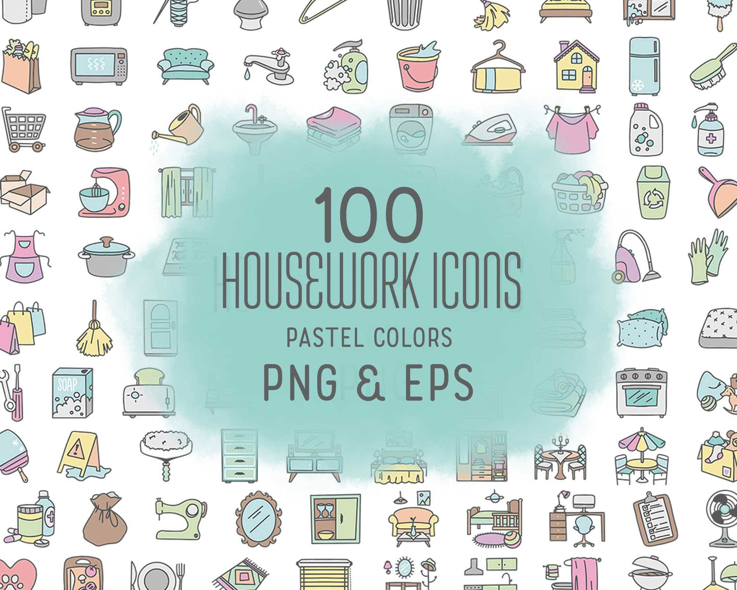 100 Housework Color Icons Vector - Pastel Icons Clipart - Cleaning digital sticker, Chores Icons, planner, scrapbook, craft, planner clipart