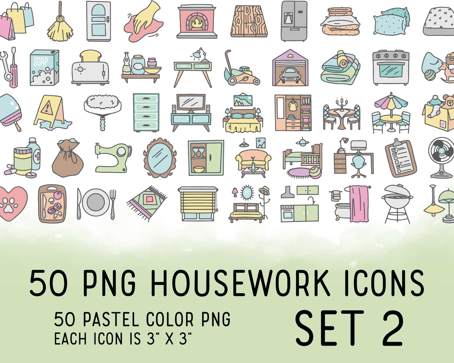 50 Housework Color Icons SET 2 - Pastel Icons Clipart - Cleaning digital sticker, Chores Icons, planner, scrapbook, craft, planner clipart