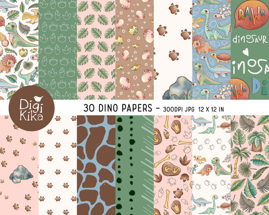 30 Dinosaur Digital Papers – Cute Dino Scrapbook Backgrounds for Cards, Invitations, Stickers & Crafts – Instant Download