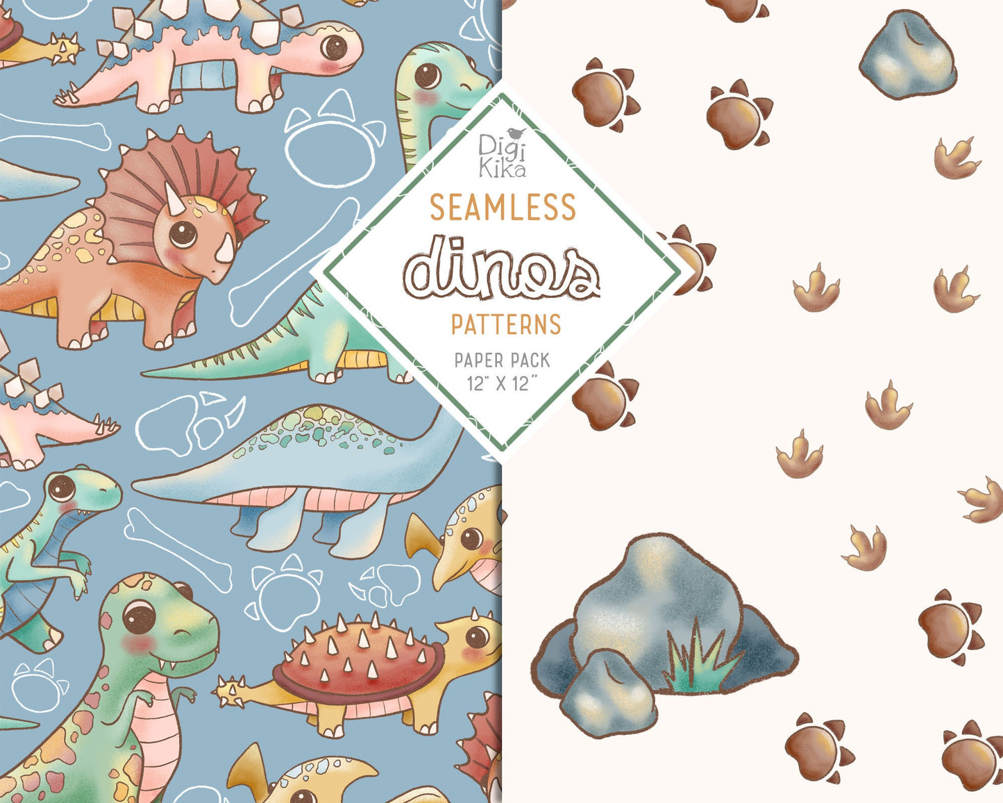 Dinosaurs Seamless Pattern – Tileable Dino Design for Fabric, Wallpaper, Wrapping Paper & Surface Prints – Instant Download