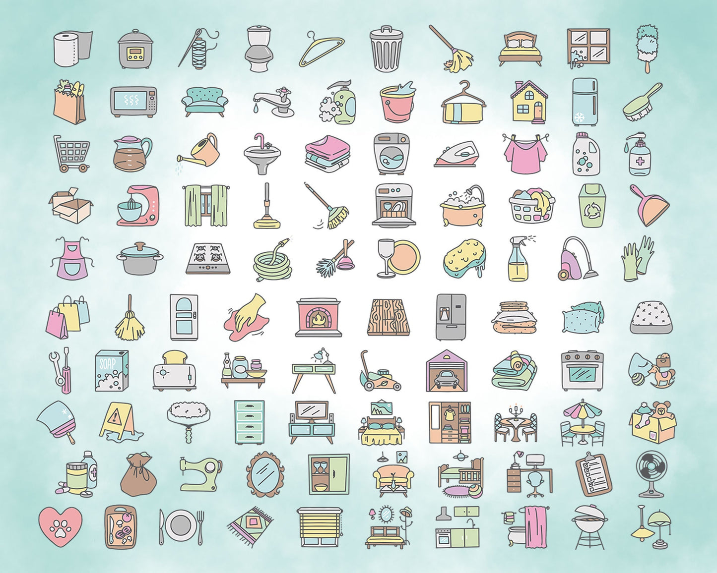 100 Housework Color Icons Vector - Pastel Icons Clipart - Cleaning digital sticker, Chores Icons, planner, scrapbook, craft, planner clipart
