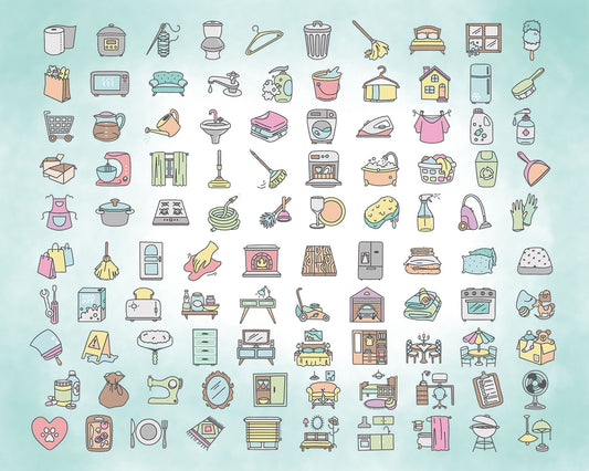 100 Housework Color Icons Vector - Pastel Icons Clipart - Cleaning digital sticker, Chores Icons, planner, scrapbook, craft, planner clipart