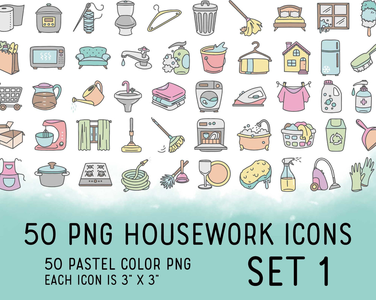 50 Housework Color Icons SET 1 - Pastel Icons Clipart - Cleaning digital sticker, Chores Icons, planner, scrapbook, craft, planner clipart