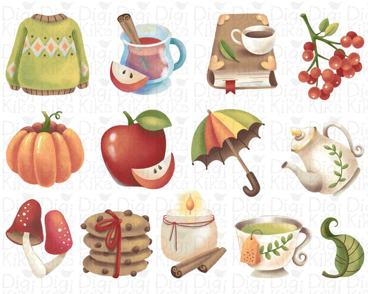 Cozy Autumn Watercolor Clipart – Hand Painted Fall Graphics – Stickers & Crafts