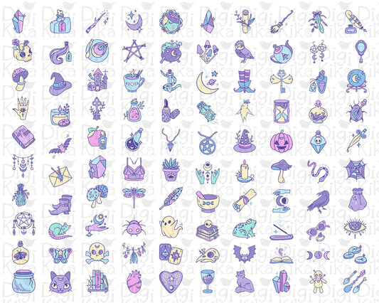 100 Witchy Color Icons Bundle – Wicca & Mystic Clipart Collection