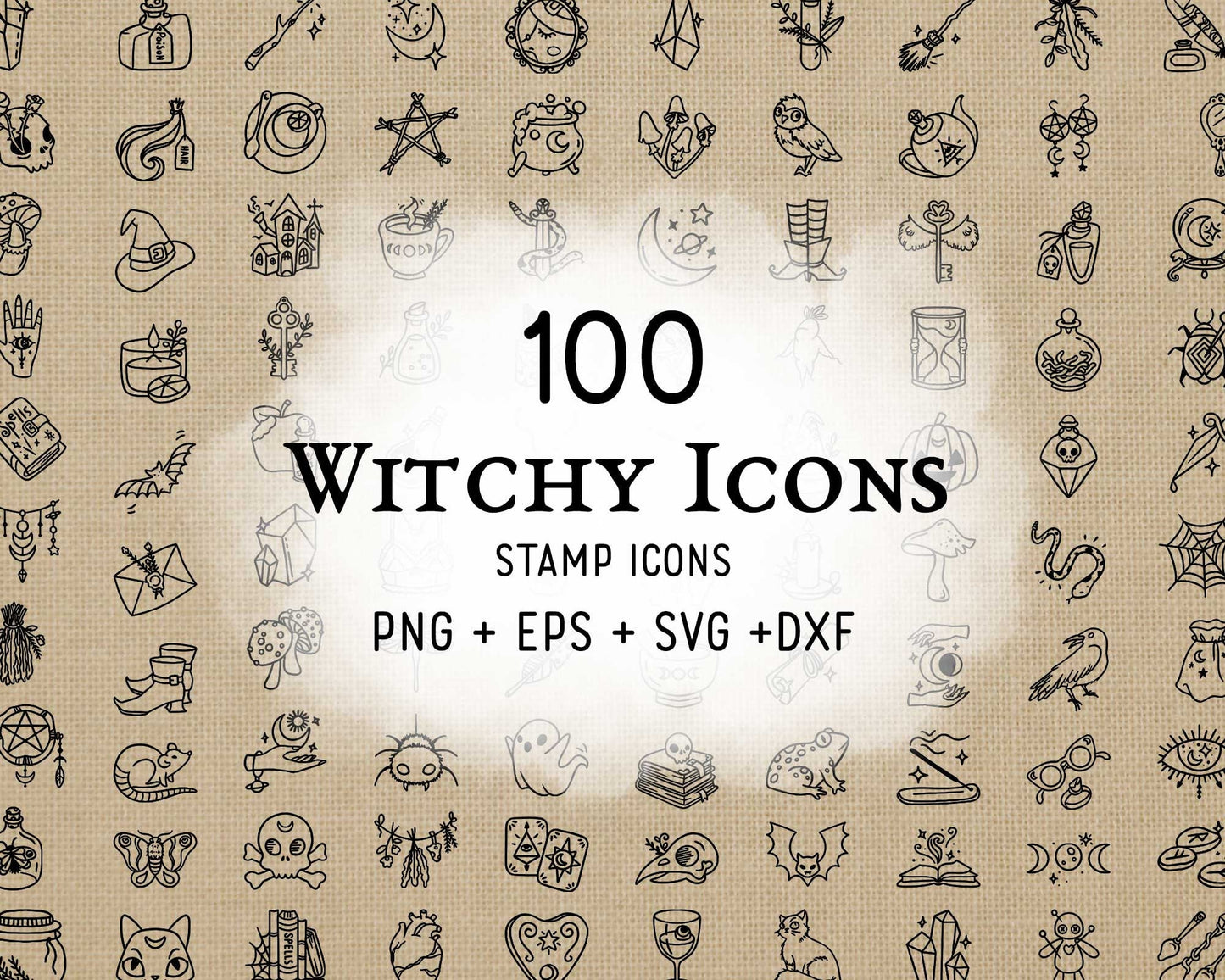 100 Witchy Stamp Icons Bundle – Wicca & Mystic Clipart Collection
