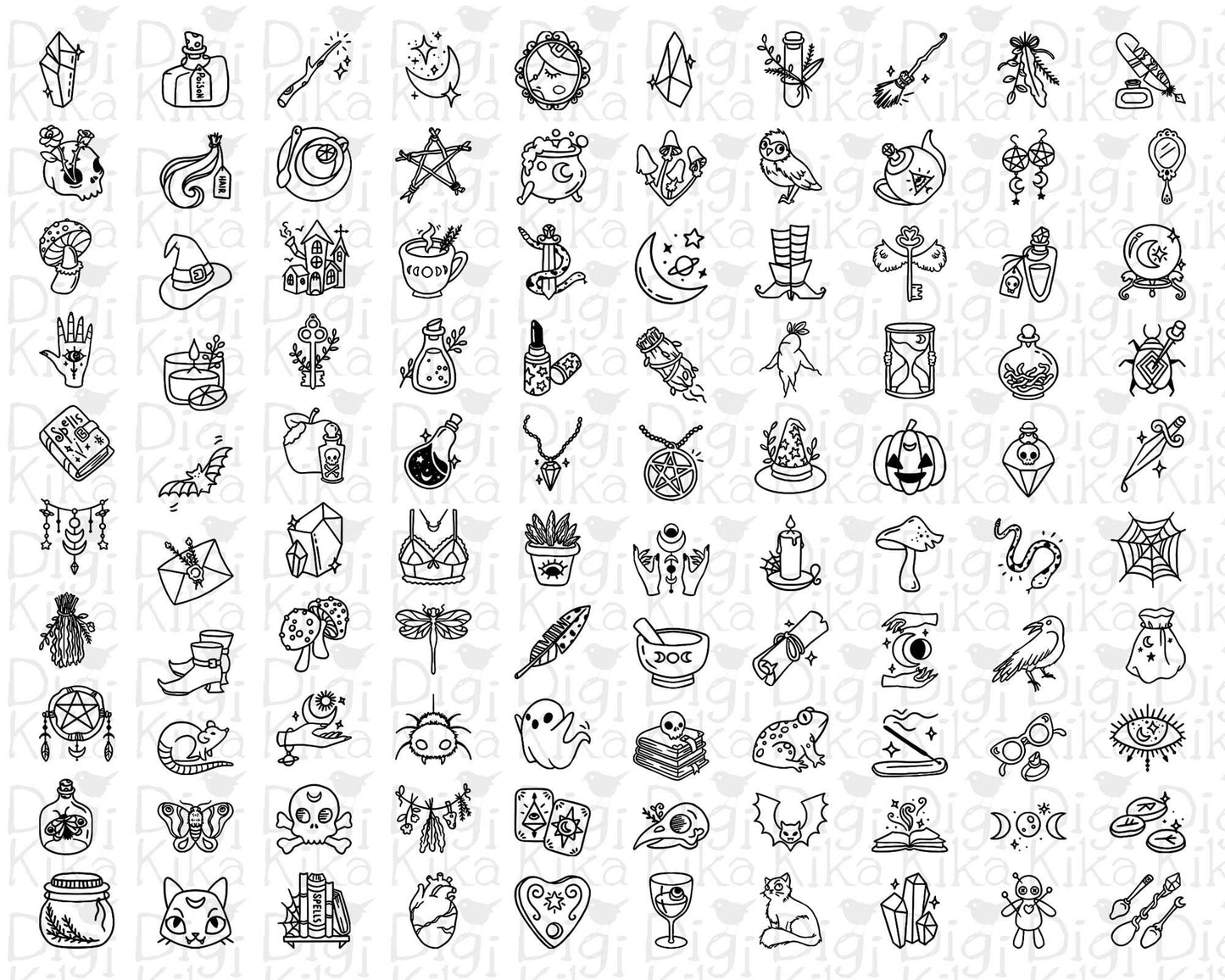 100 Witchy Stamp Icons Bundle – Wicca & Mystic Clipart Collection