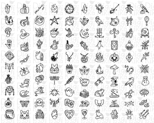 100 Witchy Stamp Icons Bundle – Wicca & Mystic Clipart Collection
