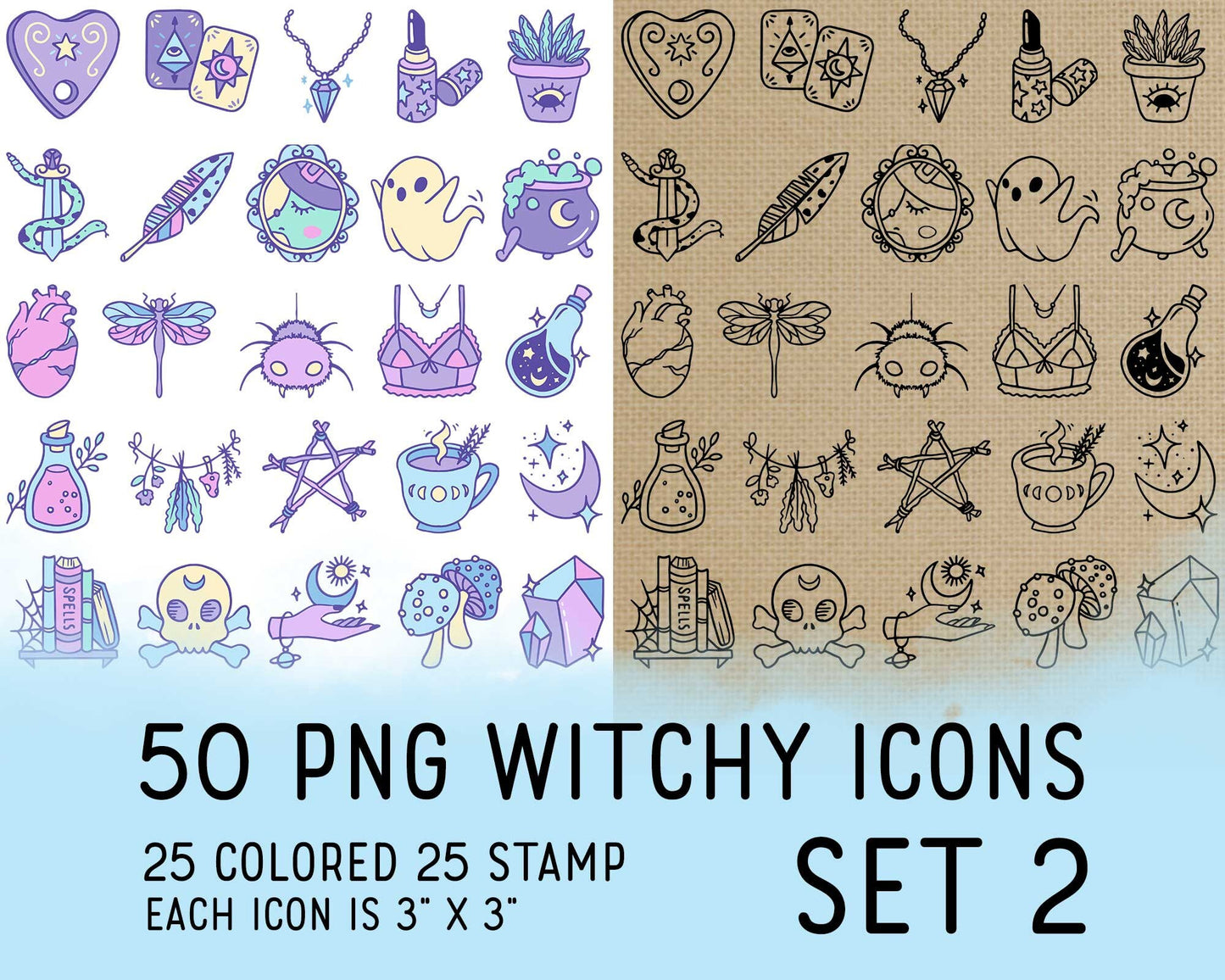 50 Witchy PNG Icons Set 2 – Wicca & Mystic Clipart Collection