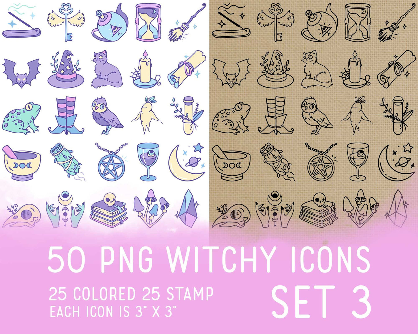 50 Witchy PNG Icons Set 3 – Wicca & Mystic Clipart Collection