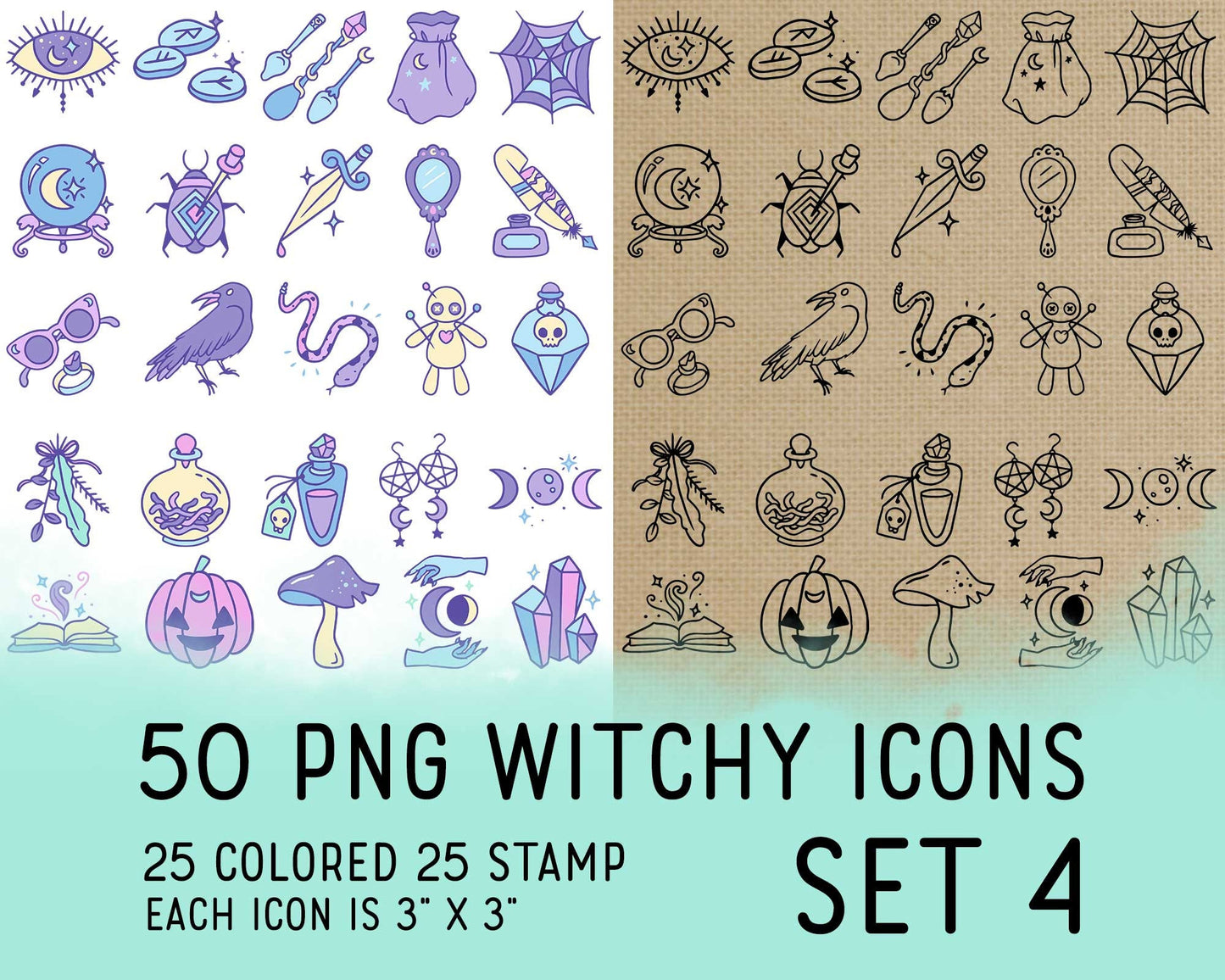 50 Witchy PNG Icons Set 4 – Wicca & Mystic Clipart Collection