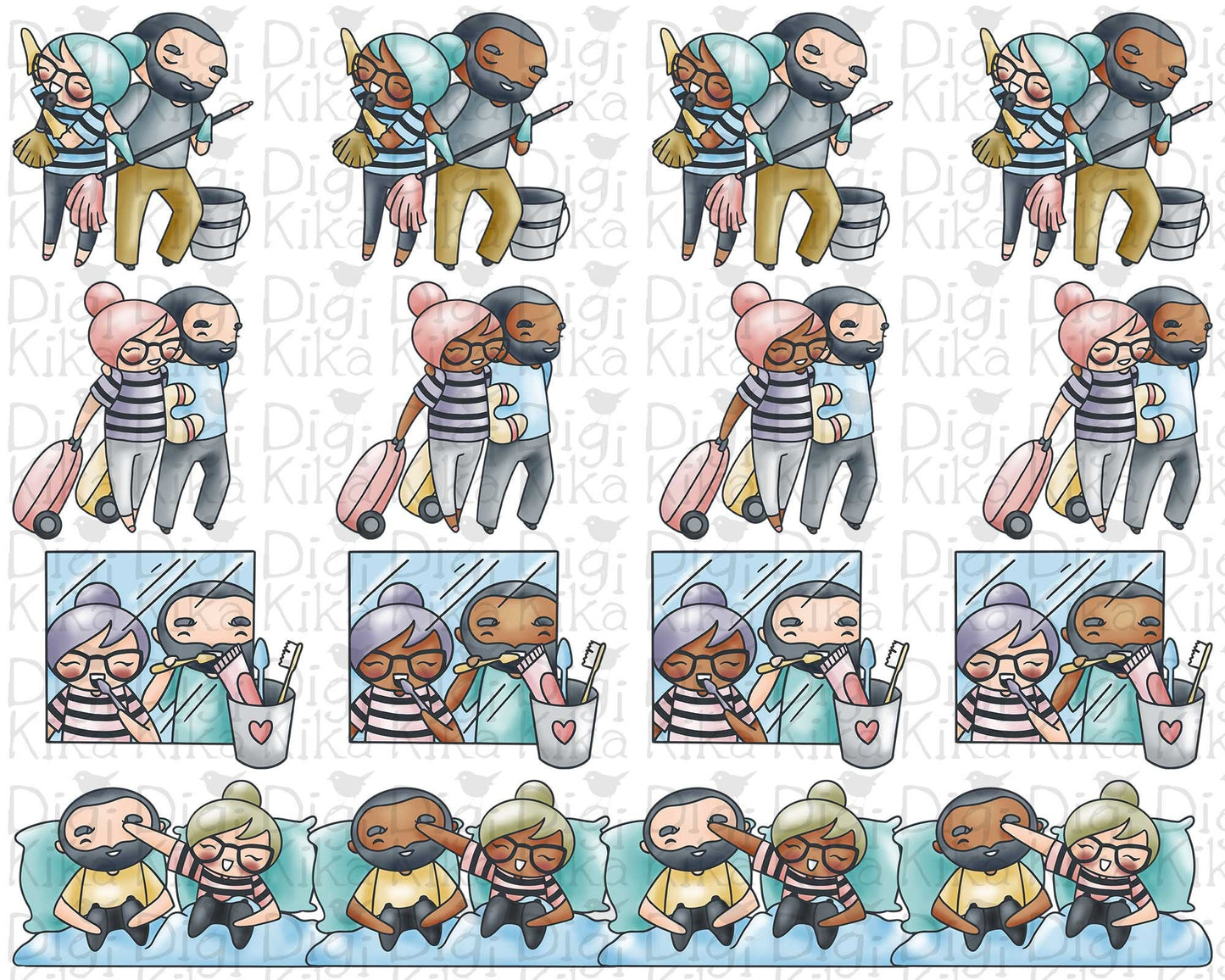 Couple Activities Clipart Set2 - Elena and Oliver 4 Skin variations Graphics - Character Planner Sticker, scrapbook, craft, planner clipart