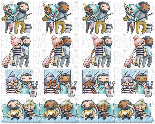Couple Activities Clipart Set2 - Elena and Oliver 4 Skin variations Graphics - Character Planner Sticker, scrapbook, craft, planner clipart