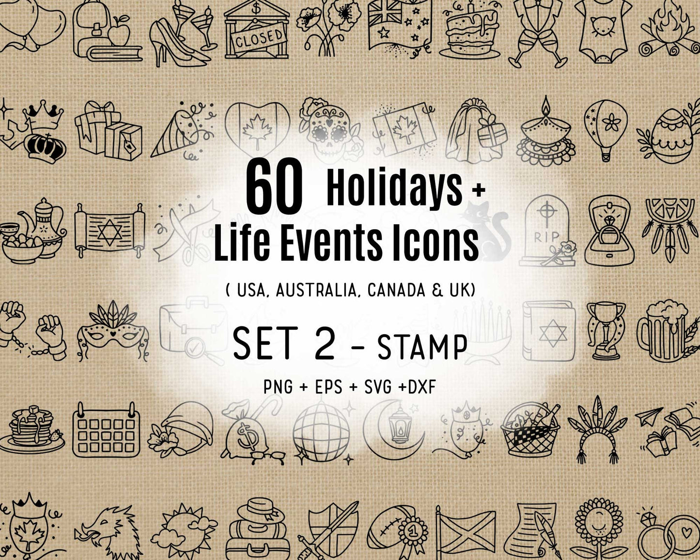 60 Holidays & Life Events Icons STAMP Bundle - EPS, SVG, DXF, PNG Celebrations Clip Art - USA, Aus, Can, UK Digital Icons