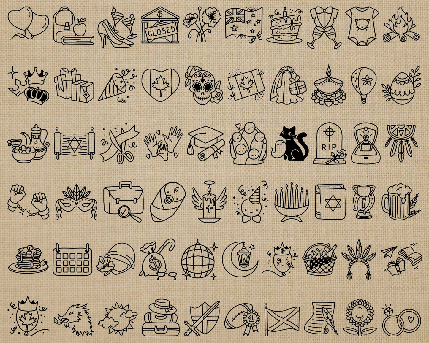 60 Holidays & Life Events Icons STAMP Bundle - EPS, SVG, DXF, PNG Celebrations Clip Art - USA, Aus, Can, UK Digital Icons