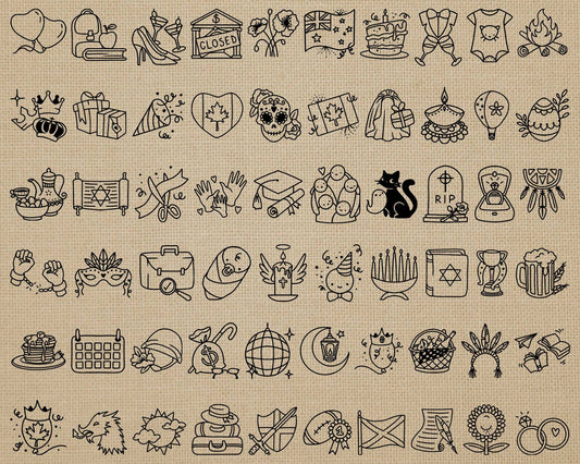 60 Holidays & Life Events Icons STAMP Bundle - EPS, SVG, DXF, PNG Celebrations Clip Art - USA, Aus, Can, UK Digital Icons