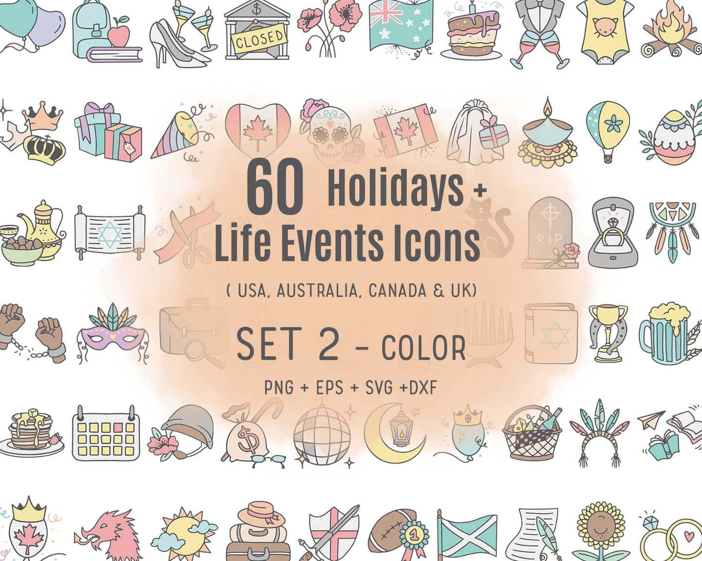 60 Holidays & Life Events Icons COLOR Bundle - EPS, SVG, DXF, PNG Celebrations Clip Art - USA, Aus, Can, UK Digital Icons