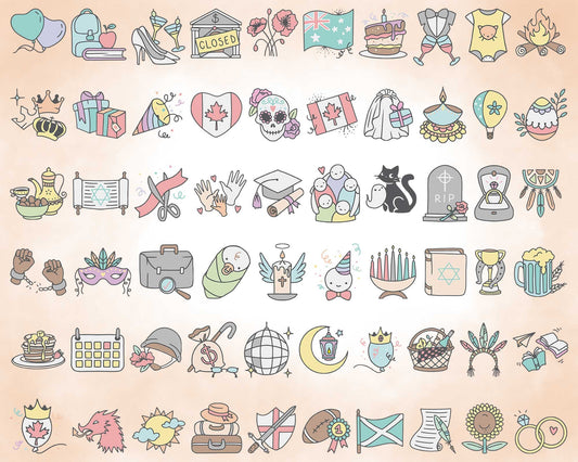 60 Holidays & Life Events Icons COLOR Bundle - EPS, SVG, DXF, PNG Celebrations Clip Art - USA, Aus, Can, UK Digital Icons