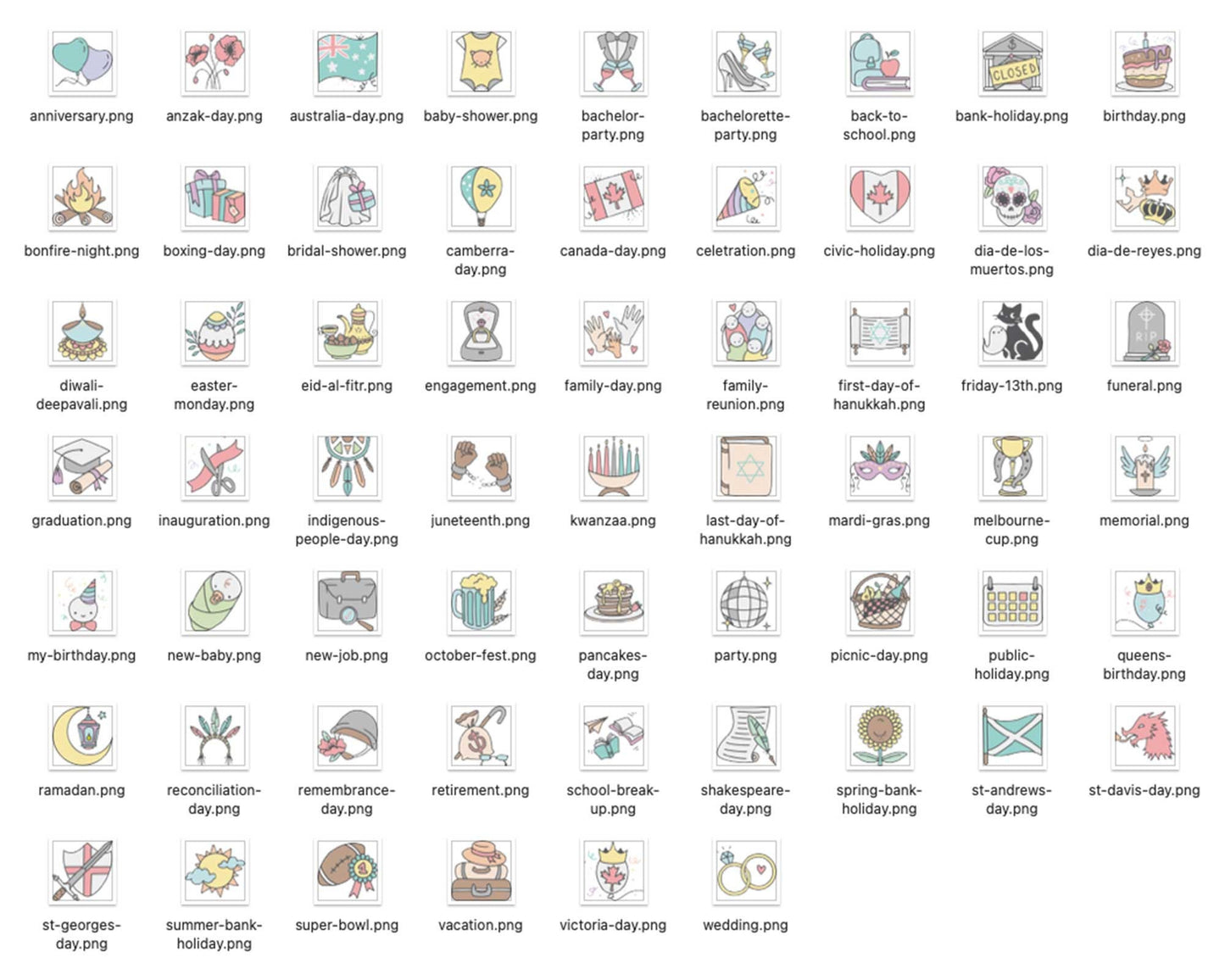 60 Holidays & Life Events Icons COLOR Bundle - EPS, SVG, DXF, PNG Celebrations Clip Art - USA, Aus, Can, UK Digital Icons