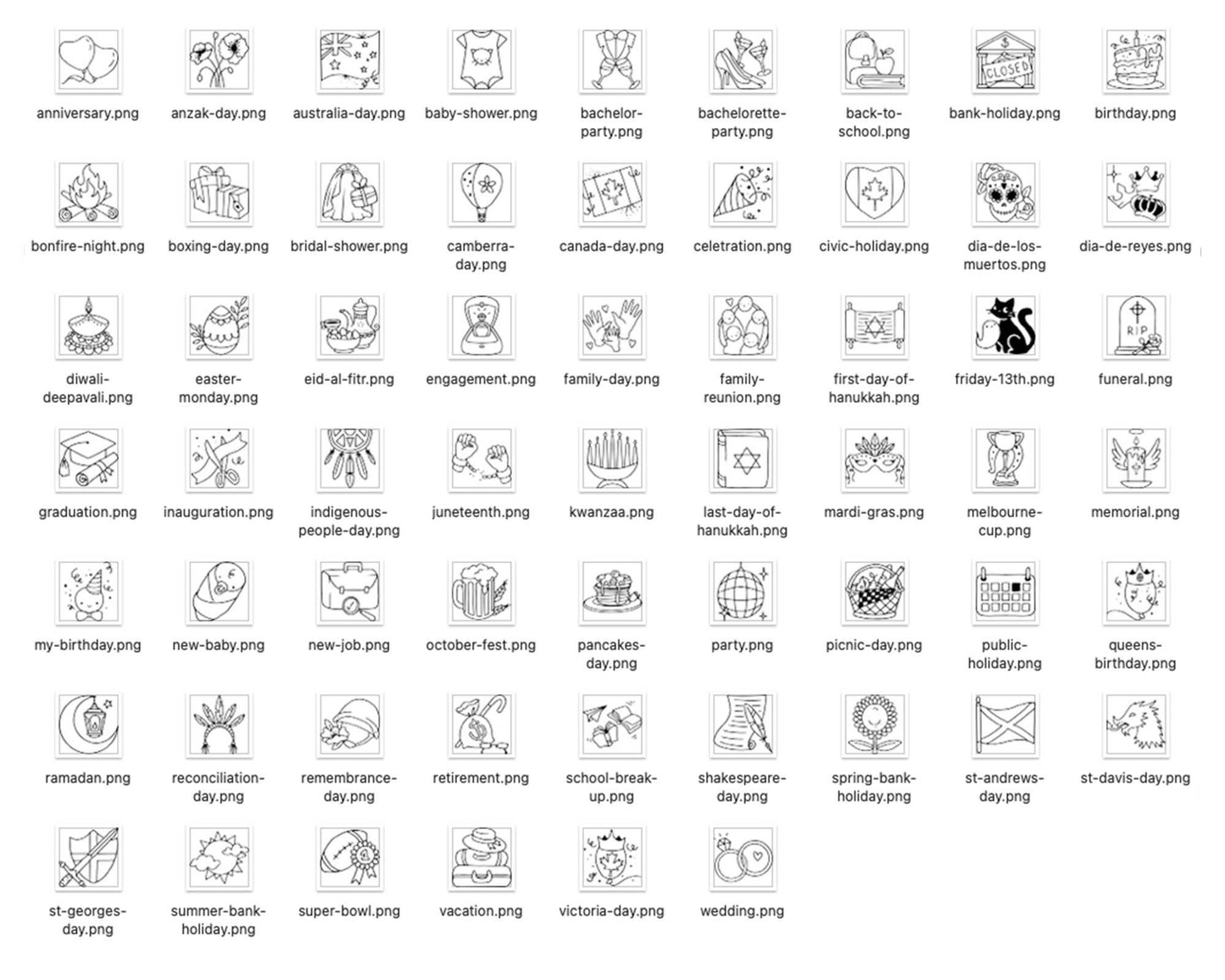 60 Holidays & Life Events Icons STAMP Bundle - EPS, SVG, DXF, PNG Celebrations Clip Art - USA, Aus, Can, UK Digital Icons