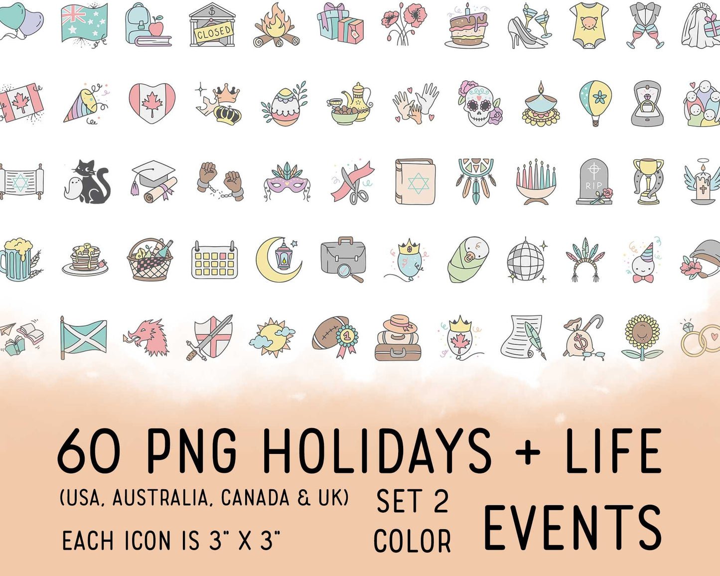 60 Holidays & Life Events COLOR Icons - PNG Clipart set 2 - USA, Aus, Can, UK - Instant Download