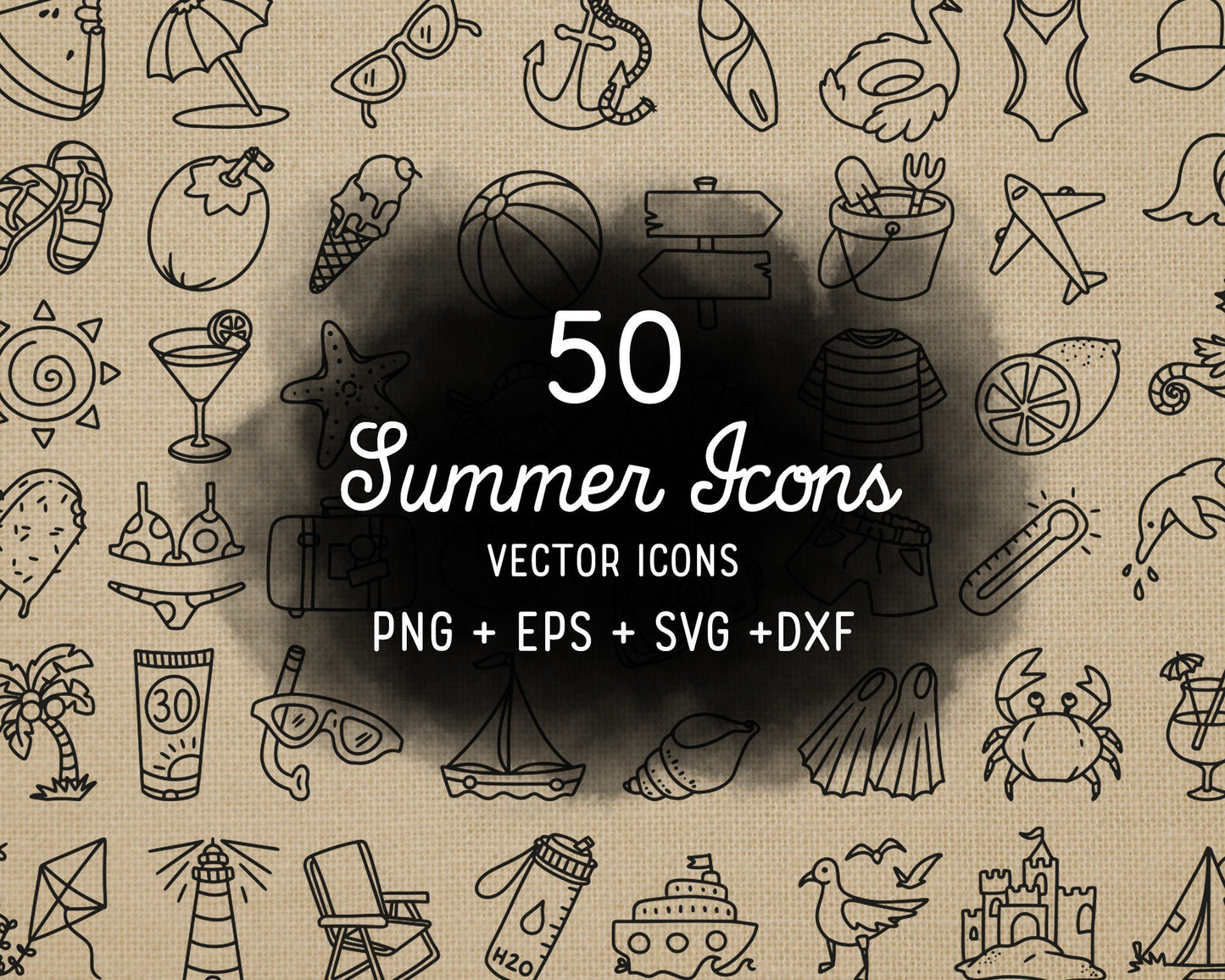 50 Summer Icons STAMP Bundle - EPS, SVG, DXF, PNG Clipart - Instant Download