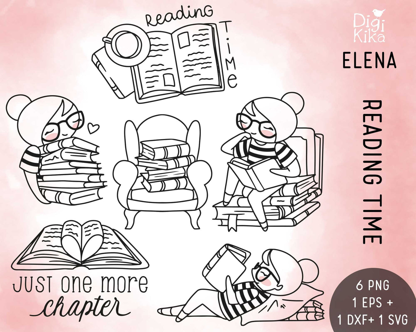 Planner Girl Elena – Book Lover Clipart | Reading Digital Stamp for Planners, Journals & Crafts – PNG, SVG, EPS, DXF
