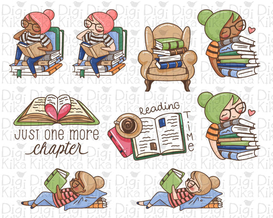 Planner Girl Elena Book Lover COLOR- Books Clipart - Digital Stamp - Planner Stickers, scrapbook , journal, invitation, paper crafts