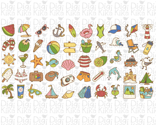 50 Summer Icons COLOR Bundle - EPS, SVG, DXF, PNG Clipart - Instant Download
