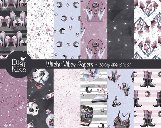 Witchy Vibes Digital Papers | Watercolor Halloween Patterns | Mystical Scrapbook Backgrounds