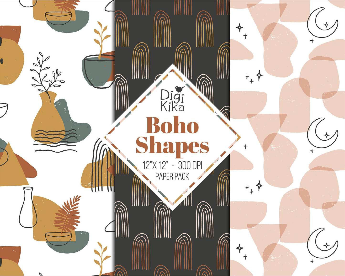Boho Shapes Digital Papers – Modern Terracotta Scrapbook Backgrounds for Cards, Invitations & Crafts – Instant Download
