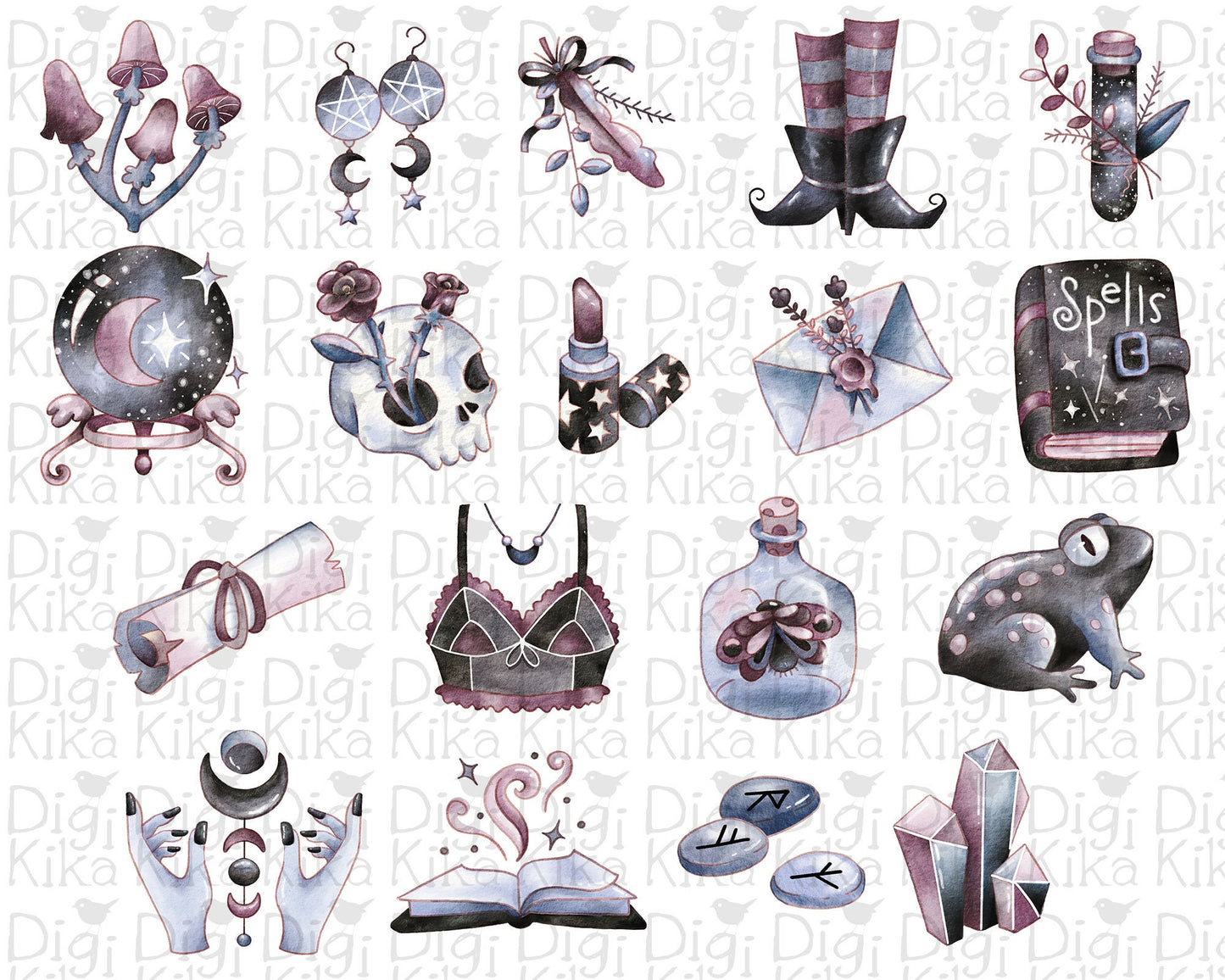 Witchy Vibes Watercolor Clipart | Hand Painted Halloween Art | Spooky Sticker Graphics & Planner Supplies