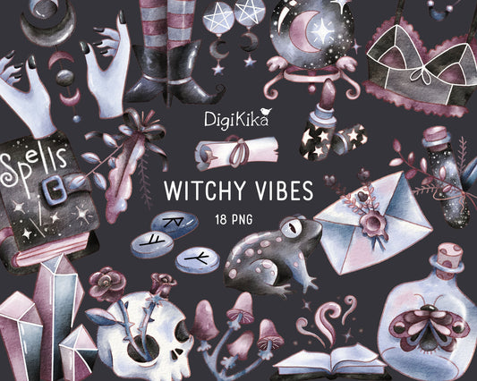 Witchy Vibes Watercolor Clipart | Hand Painted Halloween Art | Spooky Sticker Graphics & Planner Supplies