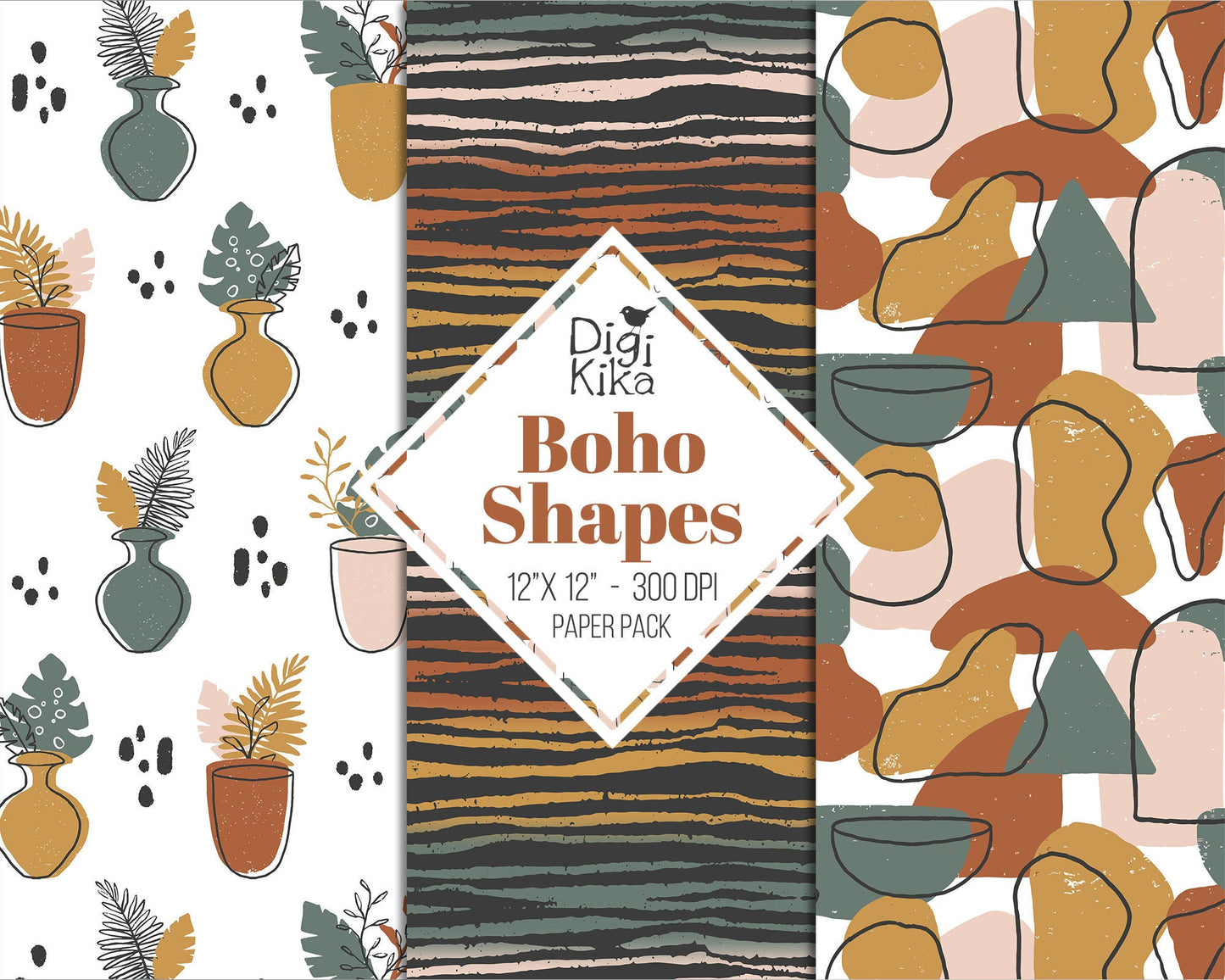 Boho Shapes Digital Papers – Modern Terracotta Scrapbook Backgrounds for Cards, Invitations & Crafts – Instant Download