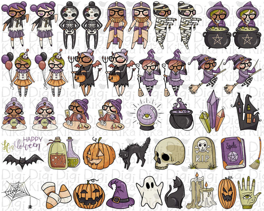 Elena Planner Girl – Halloween Bundle Color Clipart – PNG Character Set for Stickers, Scrapbook & Crafts