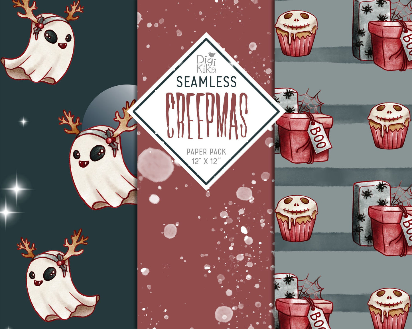 Creepmas Seamless Papers, Christmas Tileable Pattern, Scrapbook, Digital Paper, invitation, background, planner sticker, planner supply