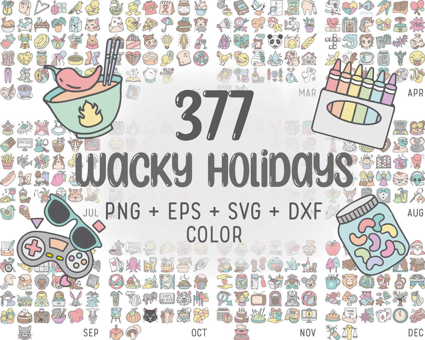 377 Wacky Holidays Icons COLOR BUNDLE - EPS, SVG, DXF, PNG Clipart - Instant Download