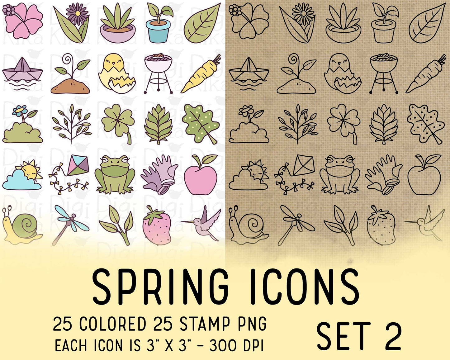50 Spring Icons PNG Set 2 – Color & Stamp Variations