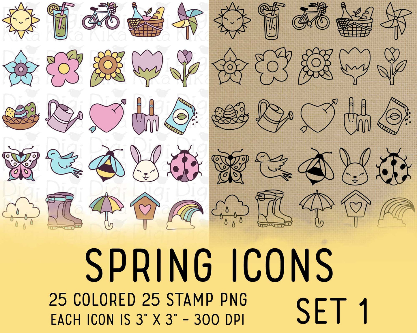 50 Spring Icons PNG Set 1 – Color & Stamp Variations