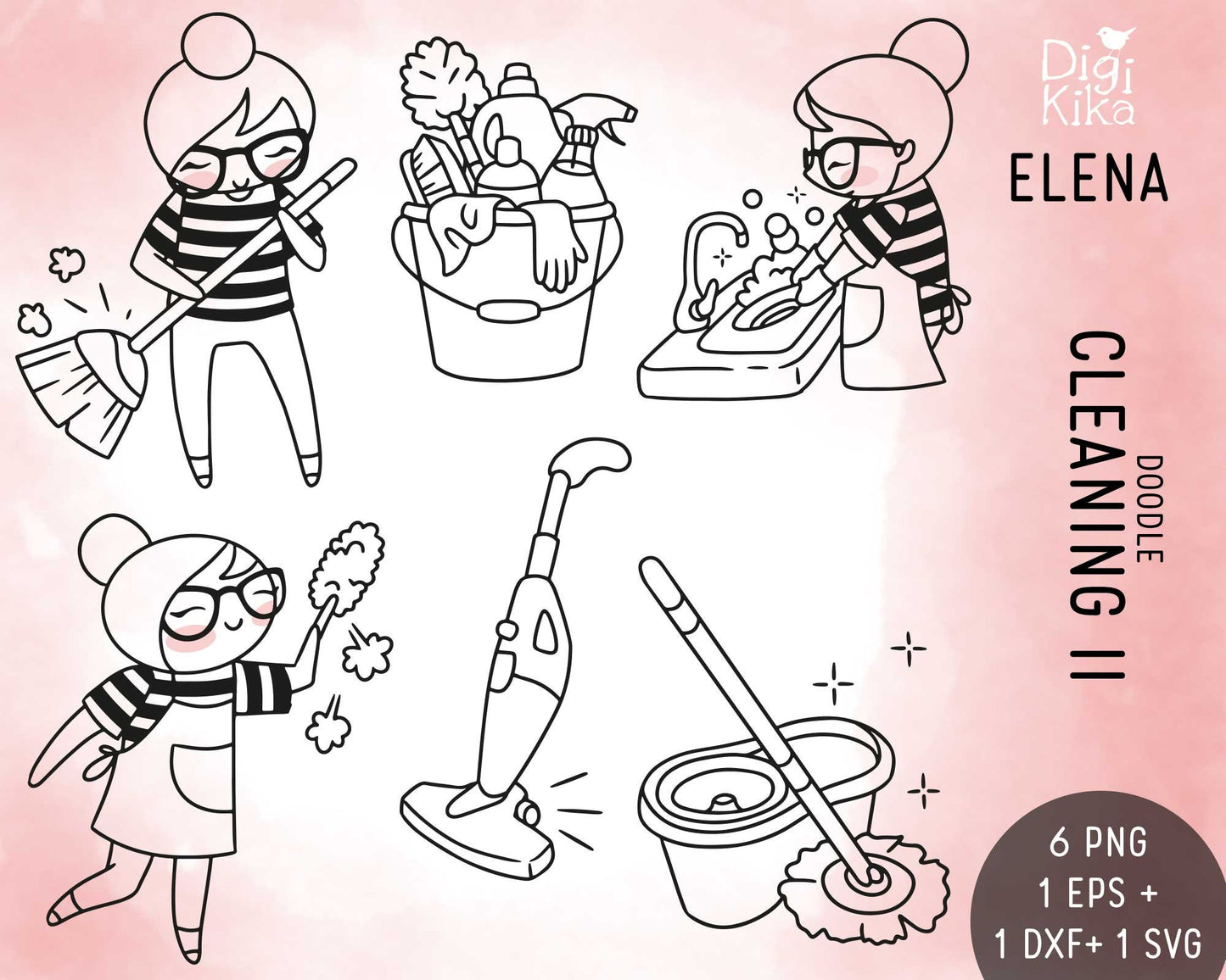 Planner Girl Elena Cleaning II – DOODLE Clipart – Digital Stamp for Stickers, Scrapbook & Crafts