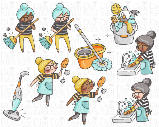 Planner Girl Elena Cleaning II – COLOR Clipart – Digital Art for Stickers, Scrapbook & Crafts