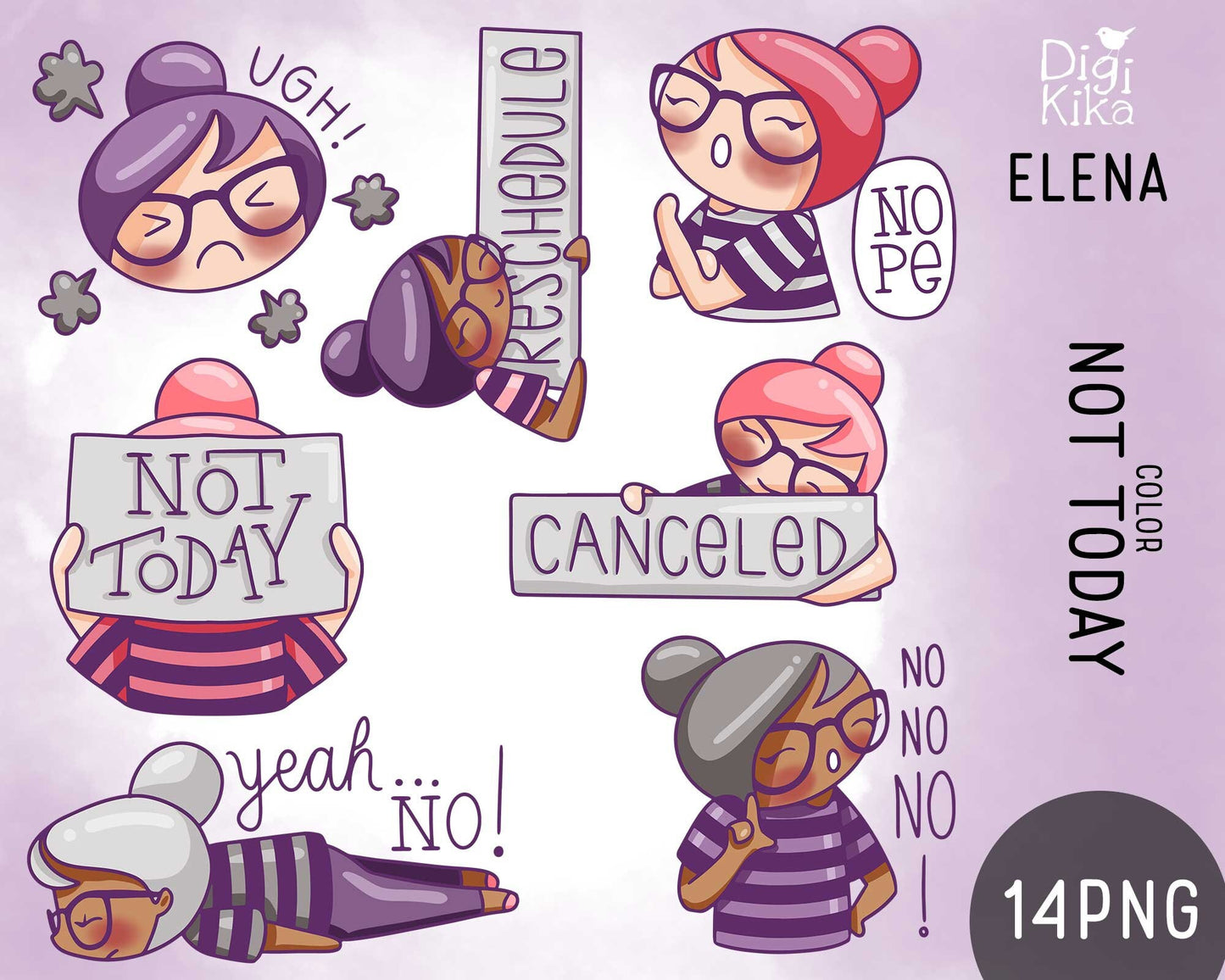 Not Today Color Clipart Set - Elena Planner Girl - Instant Download PNG