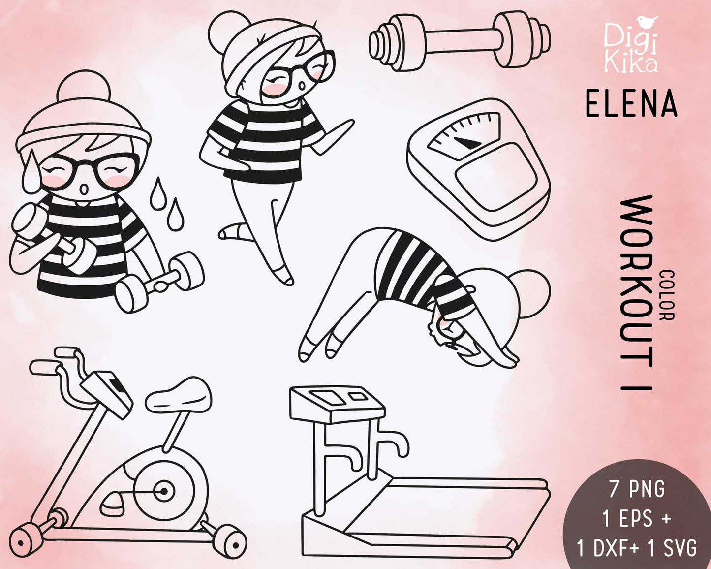 Planner Girl Elena – Workout Set 1 DOODLE Clipart – Fitness Digital Stamps – PNG, SVG, EPS – Small Commercial Use