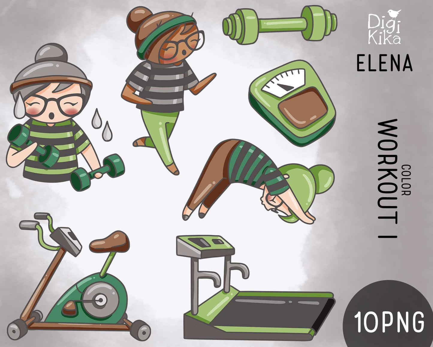 Planner Girl Elena – Workout Set 1 COLOR Clipart – Fitness Digital Stamps – PNG Small Commercial Use