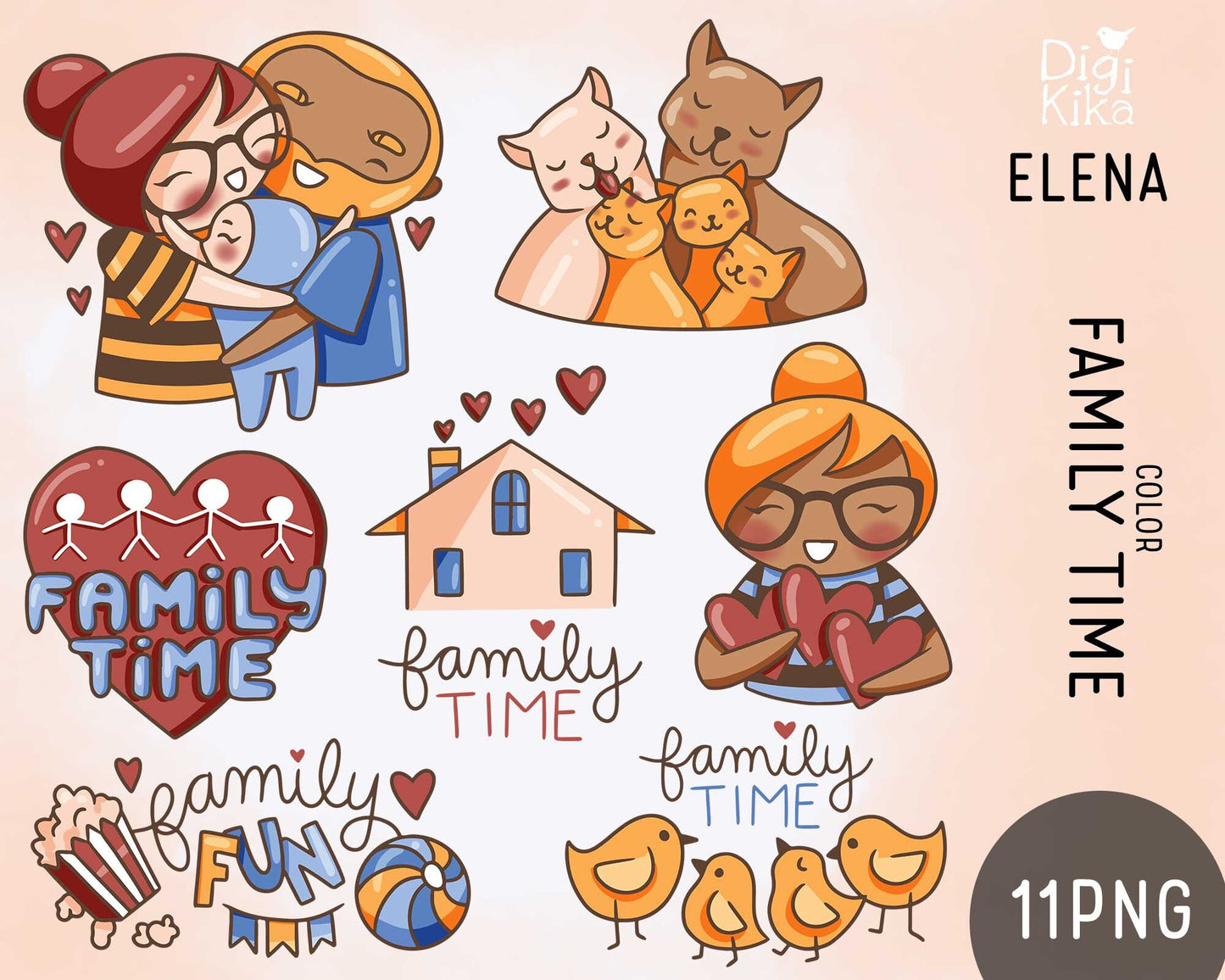 Planner Girl Elena – Family Time COLOR Clipart – Hugging, Hearts, Cat Family – PNG Small Commercial Use