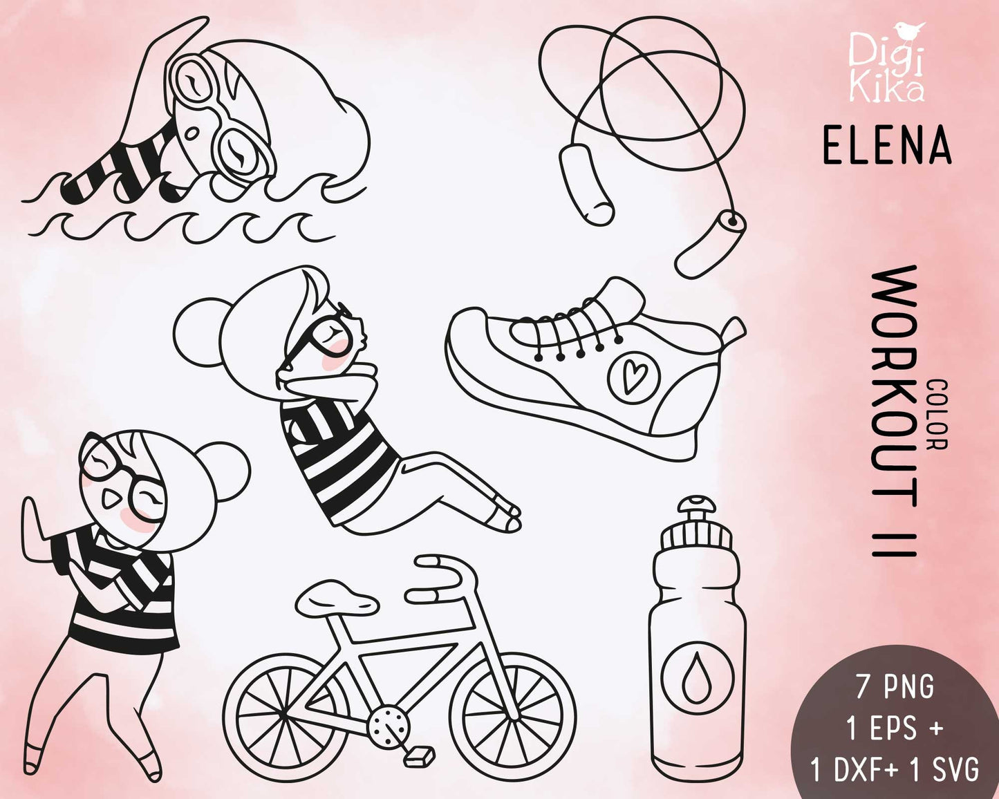 Planner Girl Elena – Workout Set 2 DOODLE Clipart – Swimming, Dance & Fitness Digital – PNG, SVG, EPS – Small Commercial Use