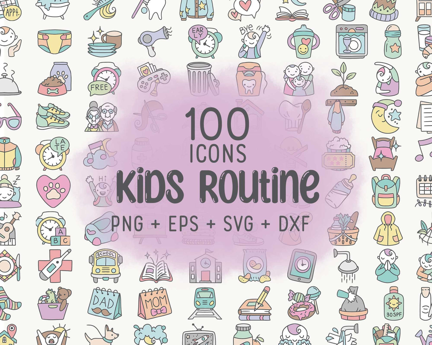 100 Kids Routine COLOR Icons Vector - School Icons Clipart - Mom digital sticker, Chores Graphics