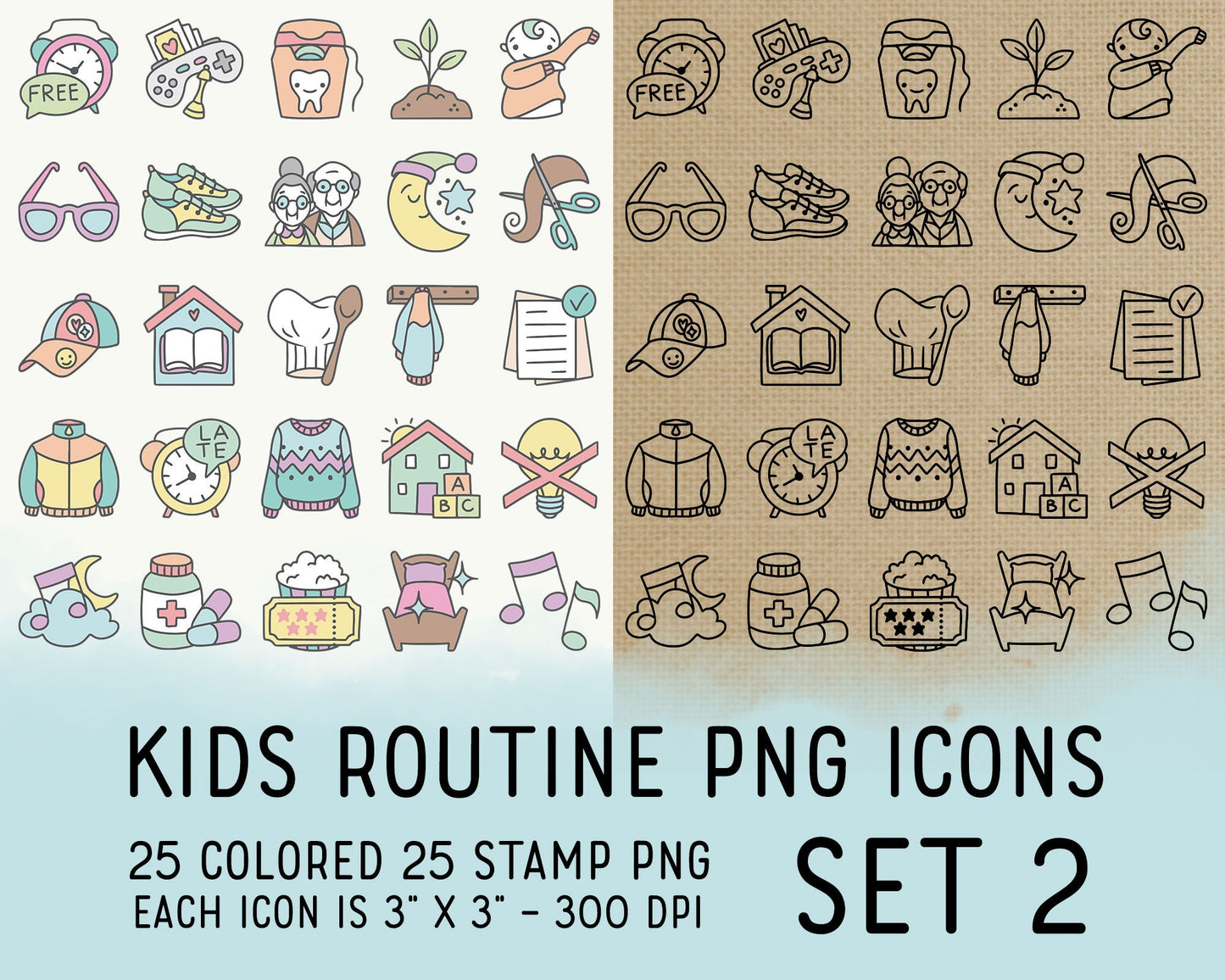 50 Kids Routine PNG Icons Set 2 - Mom Icons Clipart - School Digital - Instant Download