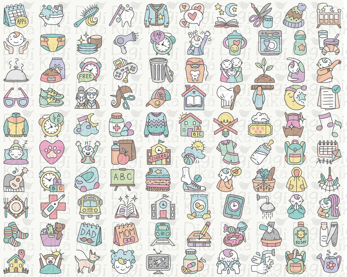 100 Kids Routine COLOR Icons Vector - School Icons Clipart - Mom digital sticker, Chores Graphics